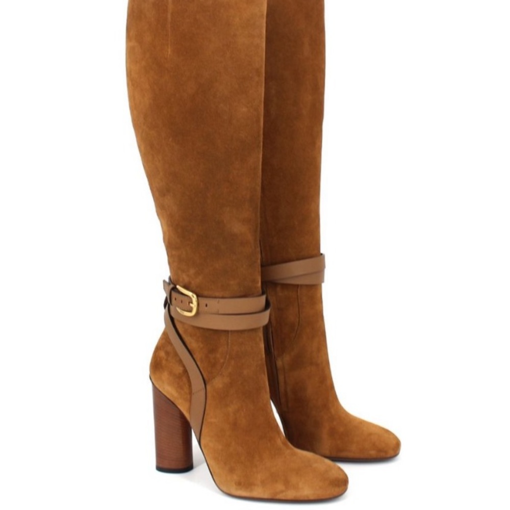 Gucci Abigail Suede Knee High Block
Heeled Buckle Strappy Boots Size 36.5 - Picture 3 of 8